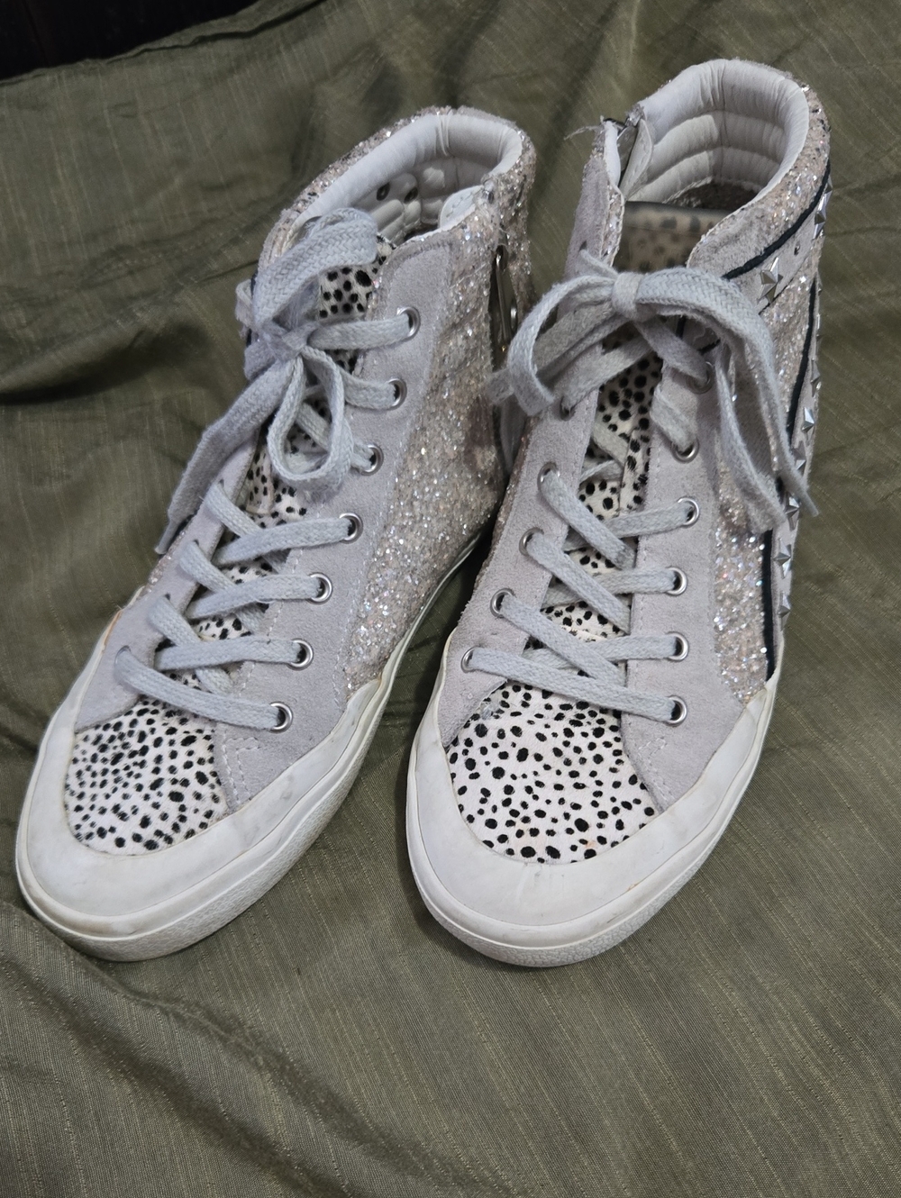 Silver Glitter High-Top Sneakers with Dalmatian Spot Accents